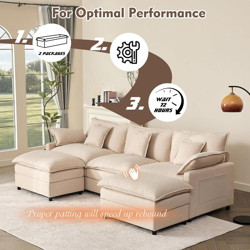 GOSUHI 108' U Shaped Couch, Modular Sectional Sofa, 3-Seater Comfy Cloud Couch, Set of Modular Pieces with Movable Ottoman, Deep Seat Couches for Living Room, Linen, Beige