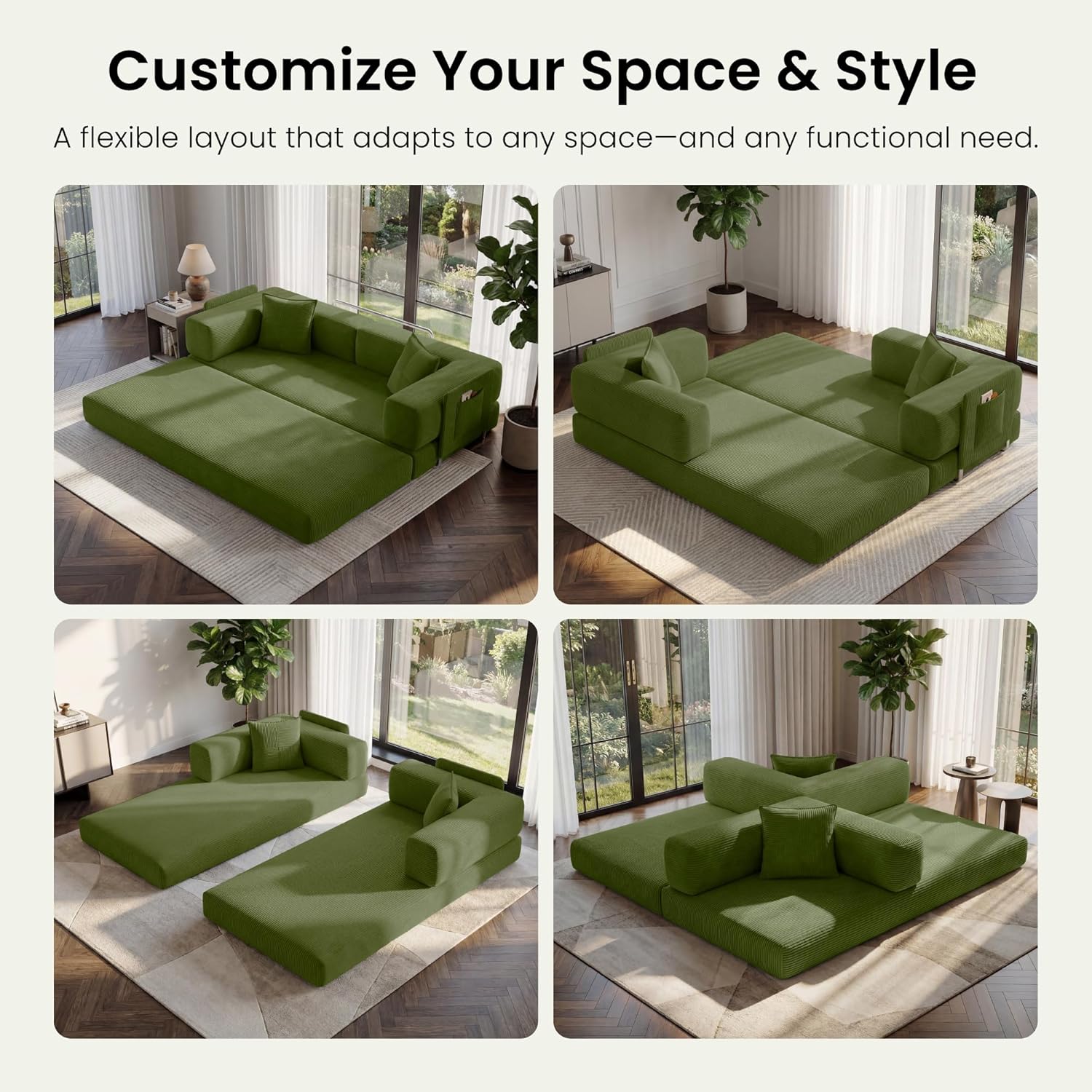 78.8' Convertible Sofa Bed,Corduroy Futon Couch with Storage Pocket,Folding Pull Out Futon Sofa,No Assembly Boneless Couch for Living Room,Green