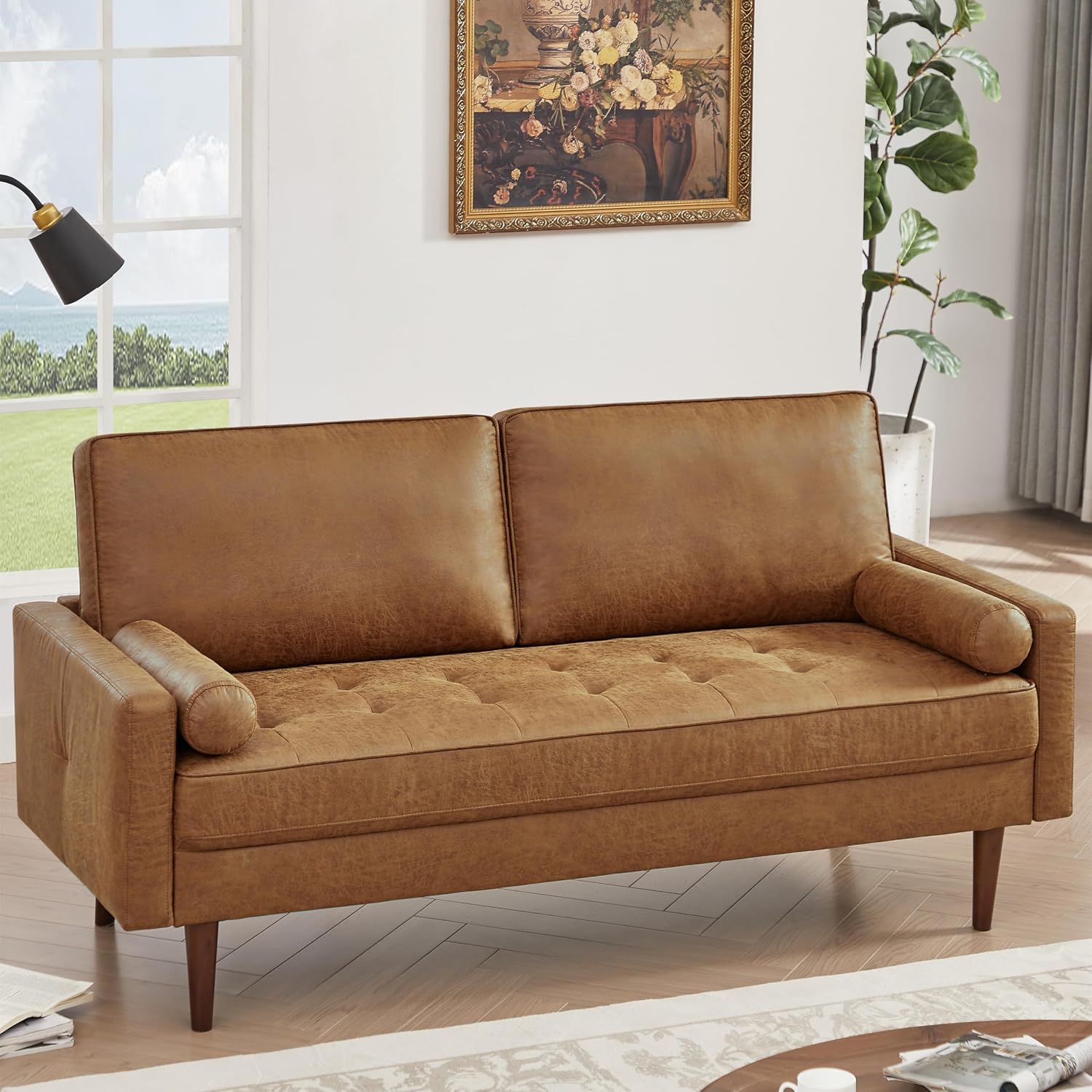 HIFIT 58' Loveseat Sofa Couch, Mid Century Modern Faux Leather Couch with Hand-Sewn Deep Love Seat & 2Pillows, Home Sofa Living Room Small Couches for Small Space,Bedroom,Office,Solid Wood Frame,Brown