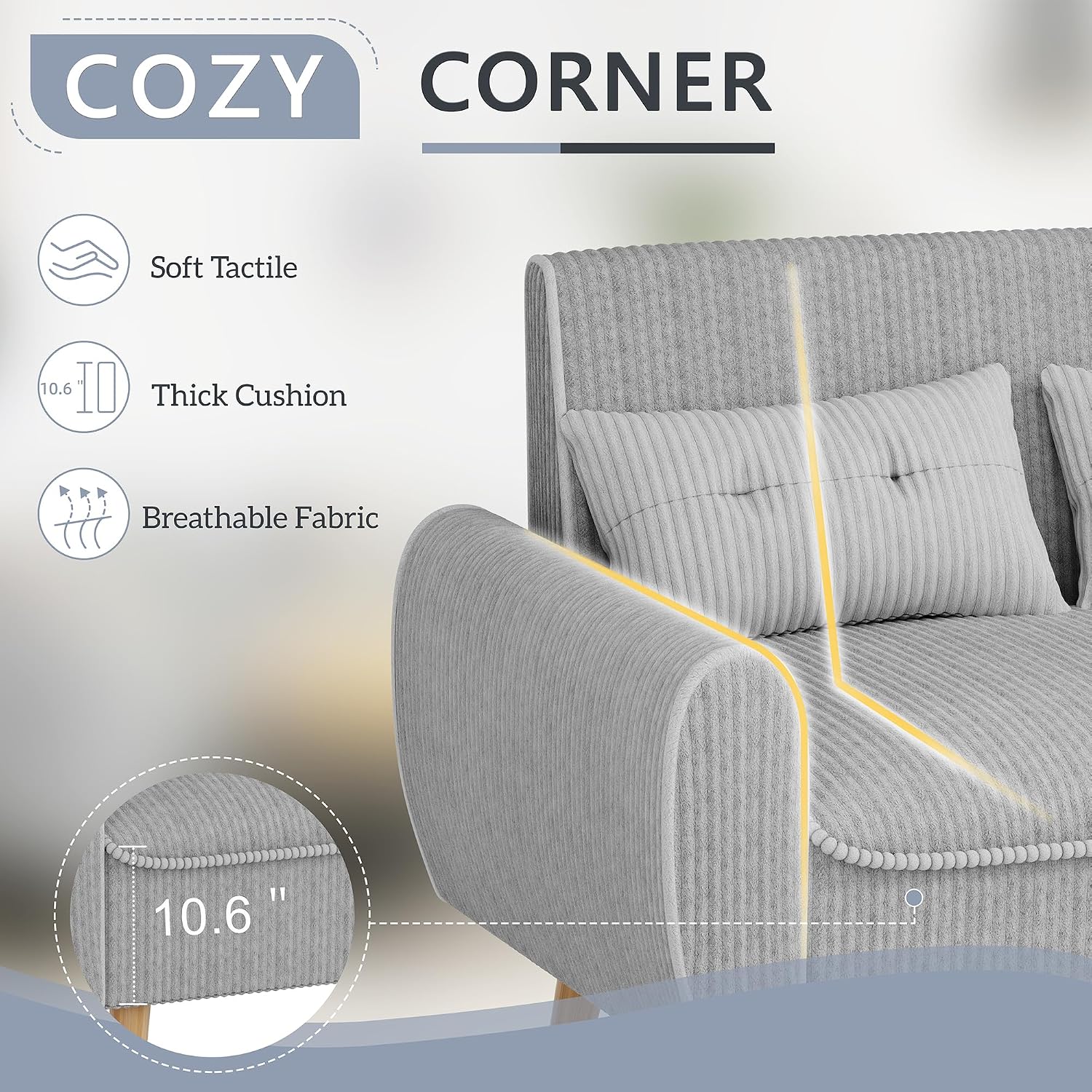 Shintenchi 48'' Loveseat Sofa, Mid-Century Modern Upholstered Couch Deep Seat with 2 Pillows, 10' Thick Cushion with Spring, Solid Wood Frame Small Couch for Living Room, Dorms & Office, Light Grey