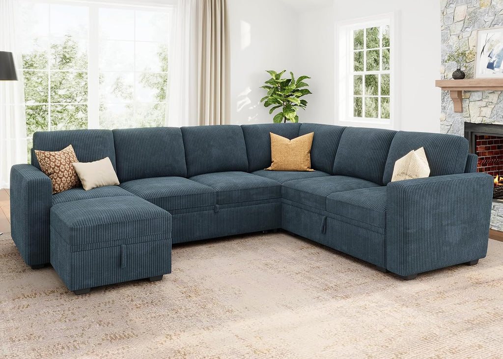 HONBAY Modular Sectional Sleeper Sofa with Pull Out Bed, Corduroy Couch with Storage, U Shaped Sectional Couches for Living Room, Blue