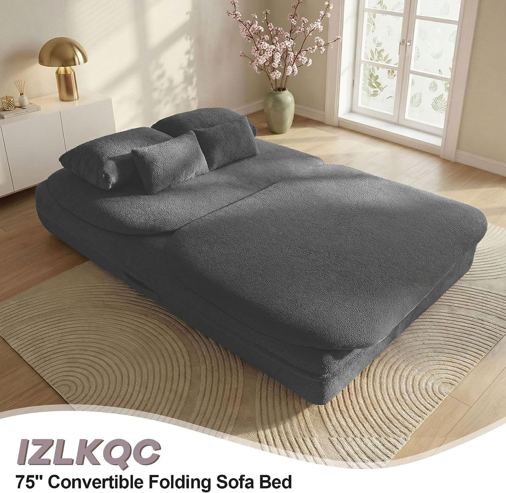 75'' Folding Sleeper Sofa Bed, Convertible Memory Foam Boneless Couch, Foldable Full Size Guest Bed, Modern 2-in-1 Futon Floor Sleeper Sofa with 4 Pillows and Blanket (Teddy, Dark Gray)