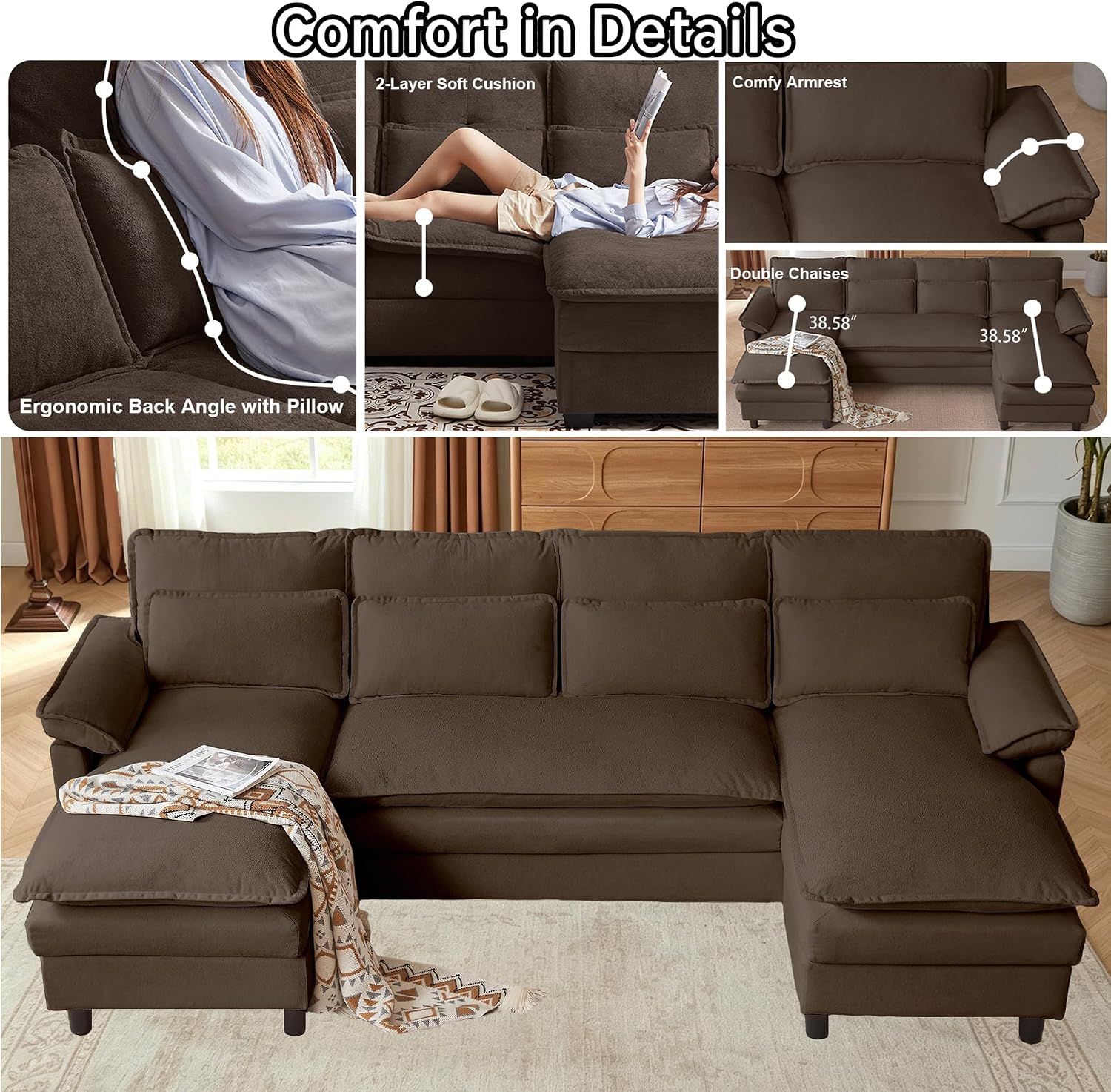 Comfy Cloud Couch Sectional Sofa with Lumbar Pillows, Modern U-Shaped Cloud Sofa with Double Chaise & Deep Seat 4 Seat Sectional Couch for Living Room, or Office, Easy Assembly, Dark Coffee