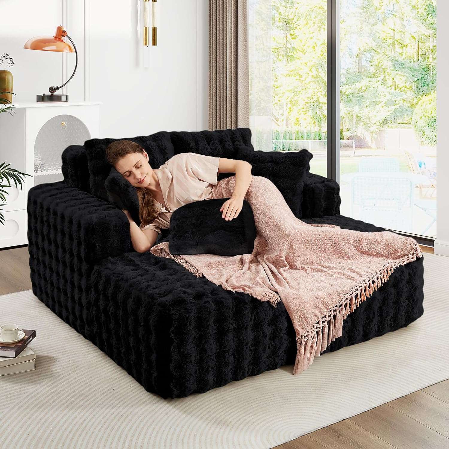 JEEOHEY 56' W Oversized Chaise Lounge Chair Indoor,Plush Faux Fur Sleeper Couch Sofa Bed with Pillows,Fluffy Comfy Cloud Sofa,Compression Foam Boneless Couch for Living Room,Bedroom(Bubble, Black)