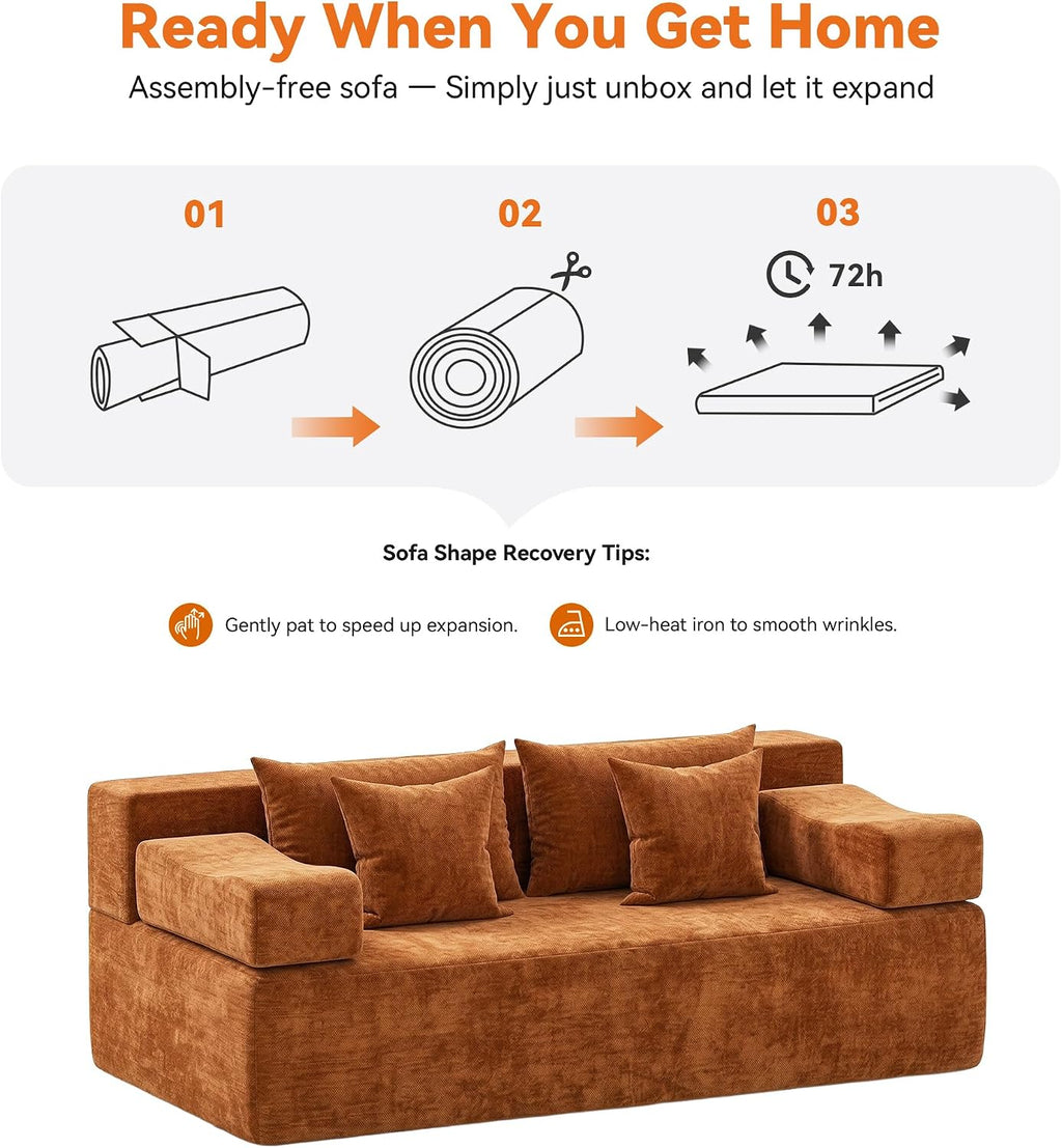 MONVANE 70' Loveseat Sofa with Removable Armrests, Comfy Chenille Cloud Couch with 4 Pillows, Modern Deep Seat Boneless Couch, 2 Seater Sofa for Living Room, No Assembly Required, Orange