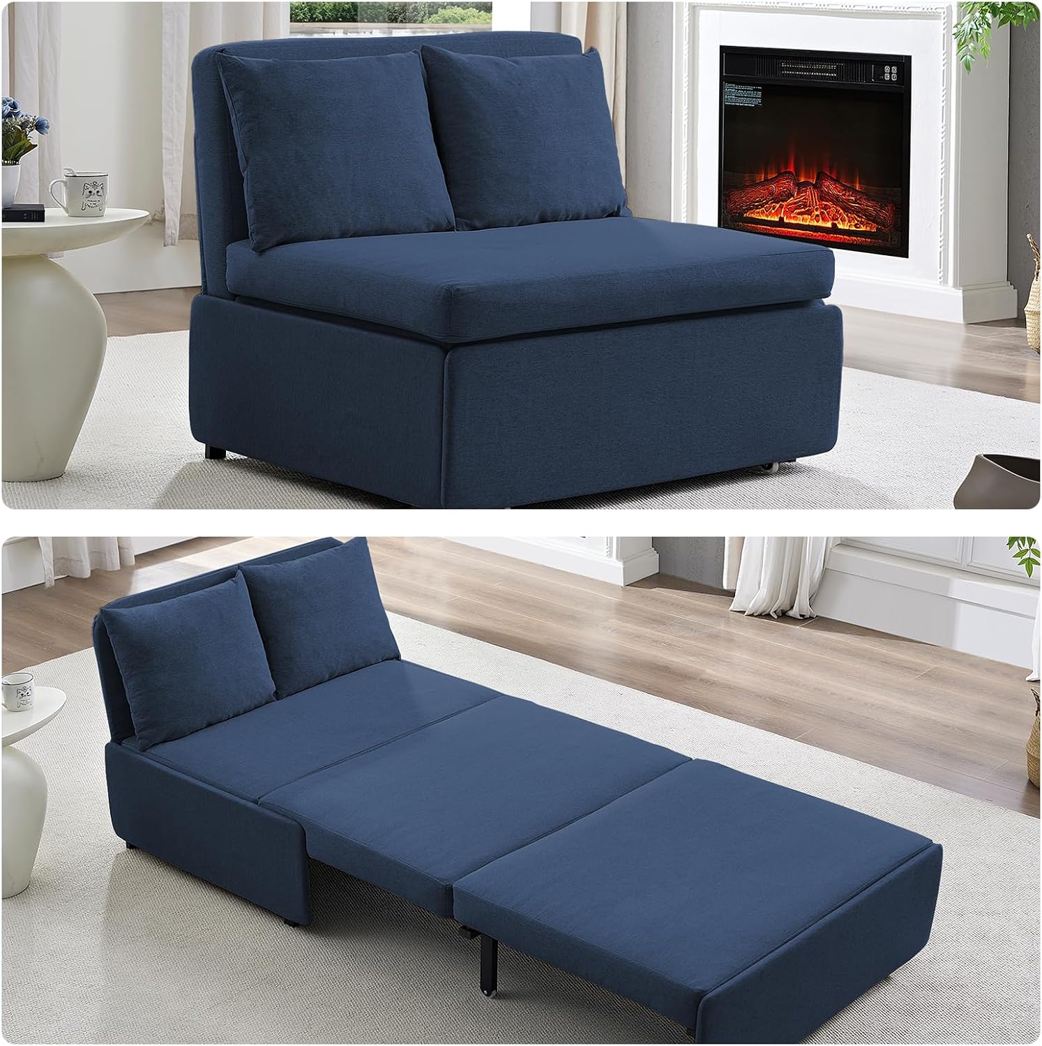 CECER 43.3' Convertible Sofa Bed，Twin Size Pull Out Sofa Bed with 2 Pillows，3 in 1 Linen Sleeper Sofa with Mattress for Small Space-Dark Blue