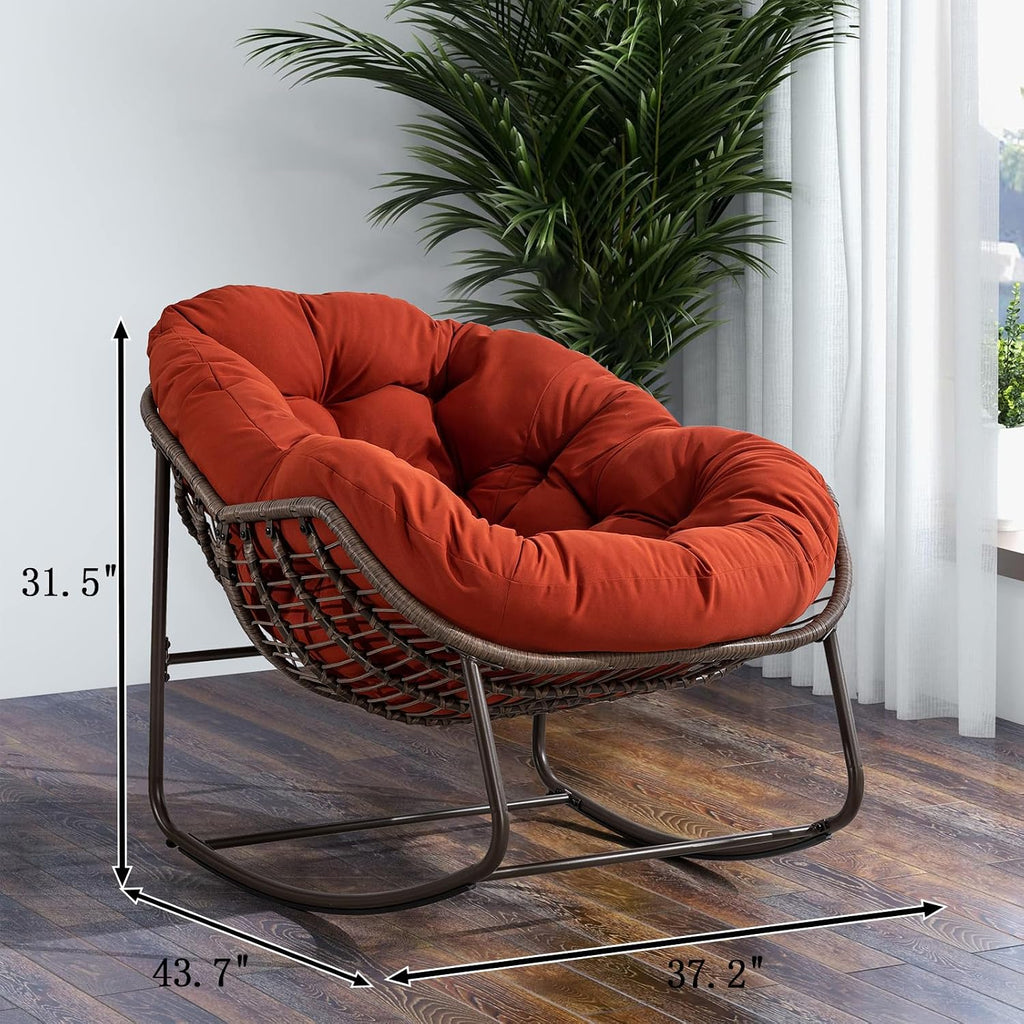JEEOHEY Papasan Rocking Chairs Outdoor Indoor, Oversized Rattan Rocker Patio Chair with Padded Cushion, Comfy Modern Indoor Egg Chair for Living Room, Bedroom, Porch, Garden, Balcony(Velvet, Orange)