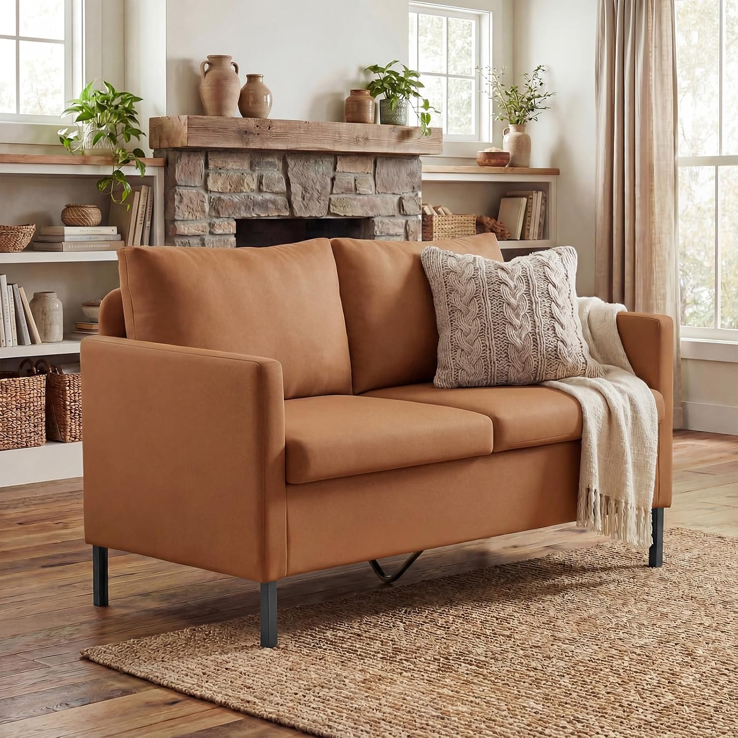 TYBOATLE Modern Faux Leather Small Couches for Small Spaces, Comfy Upholstered Brown Love Seat for Dorm, 2 Seater Mini Couch for Bedroom, Apartment, Office, Brown