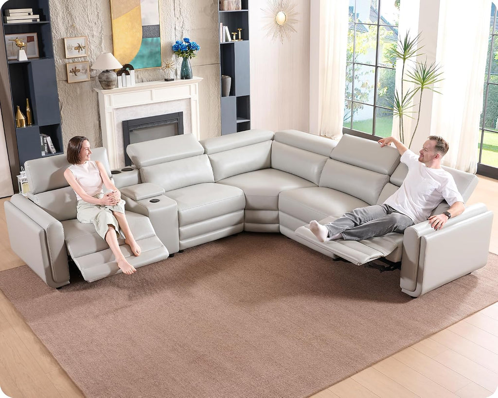 Amerlife Power Recliner Sectional Sofa, Reclining Sofa with Storage/USB Port, Leather Recliner Sofa with Adjustable Headrest, 5-Seat Reclining Sectional Couches with Console and Cup Holder, Light Grey