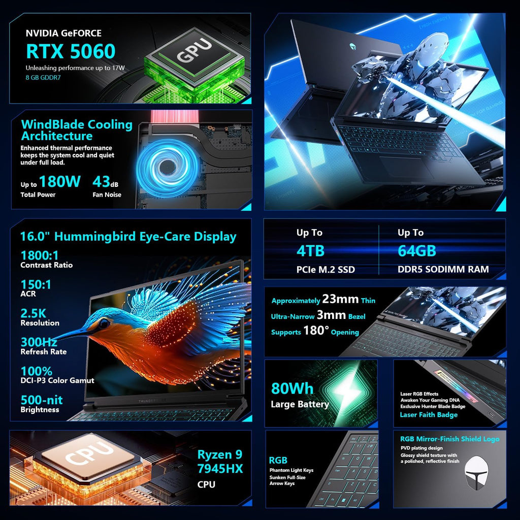 Thunderobot Radiant 16S R9 5060 300Hz Gaming Laptop, 16' QHD+ 2.5K, AMD Ryzen 9 7945HX, GeForce RTX 5060, up to 300Hz Hummingbird Display, 16GB DDR5, 1TB SSD, RGB Backlit KB, Wi-Fi 6, Win 11 Home