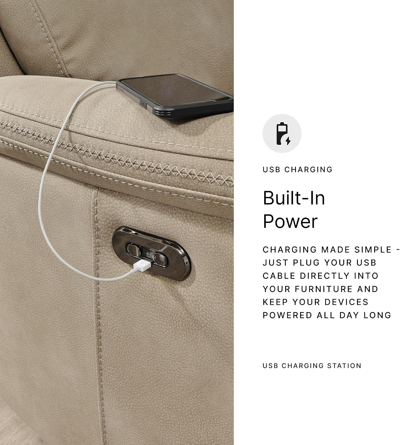 Signature Design by Ashley Next-Gen DuraPella Power Reclining Sofa with Adjustable Headrest, USB, Extended Ottoman, Faux Leather, 80' W x 42' D x 42' H, Beige Sand