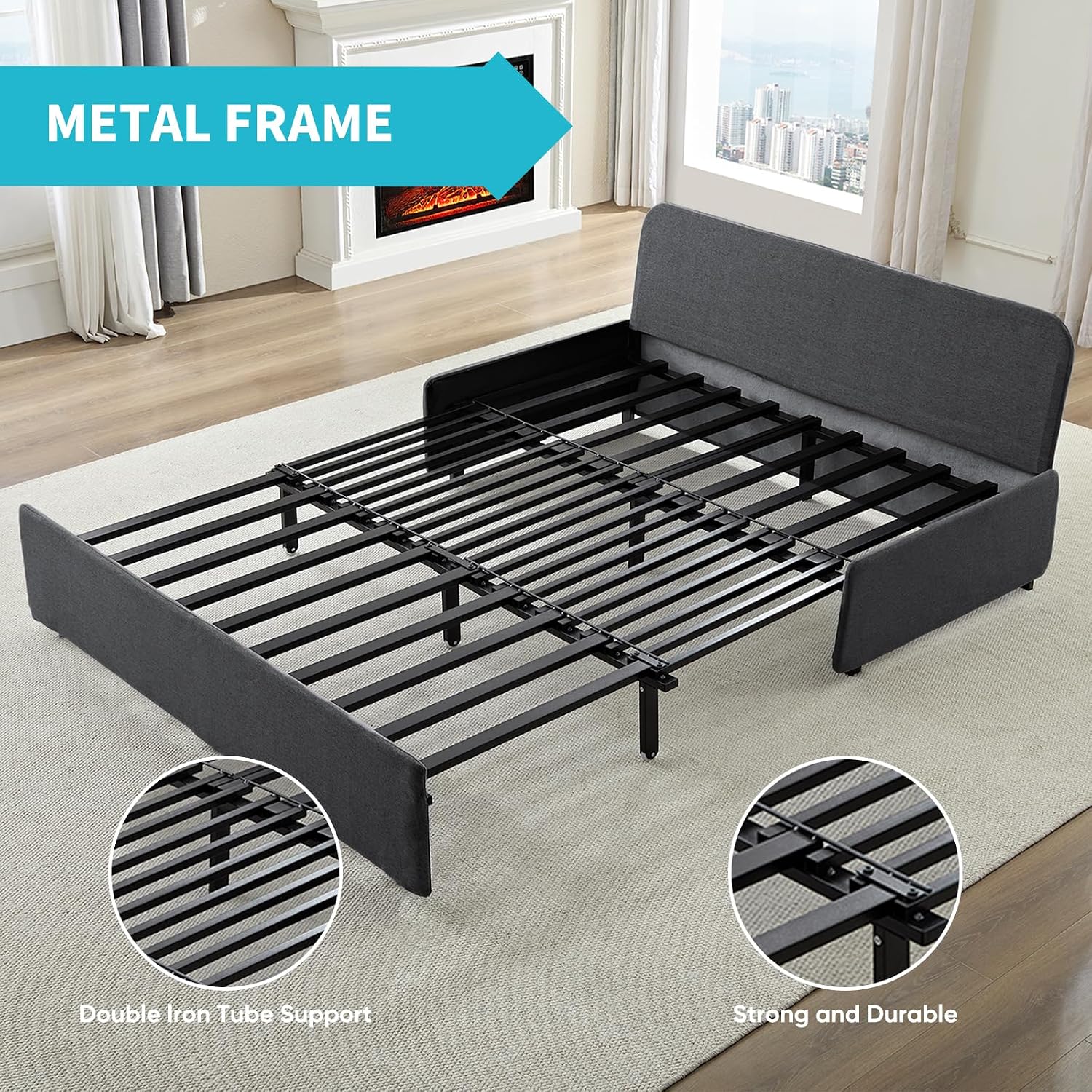 CECER 64.2' Queen Size Pull Out Sofa Bed, Pull Out Couch Bed with 2 Pillows, Linen Convertible Sleeper Sofa with Comfy Mattress, 2 in 1 Armless Loveseat Sleeper for Living Room-Dark Grey