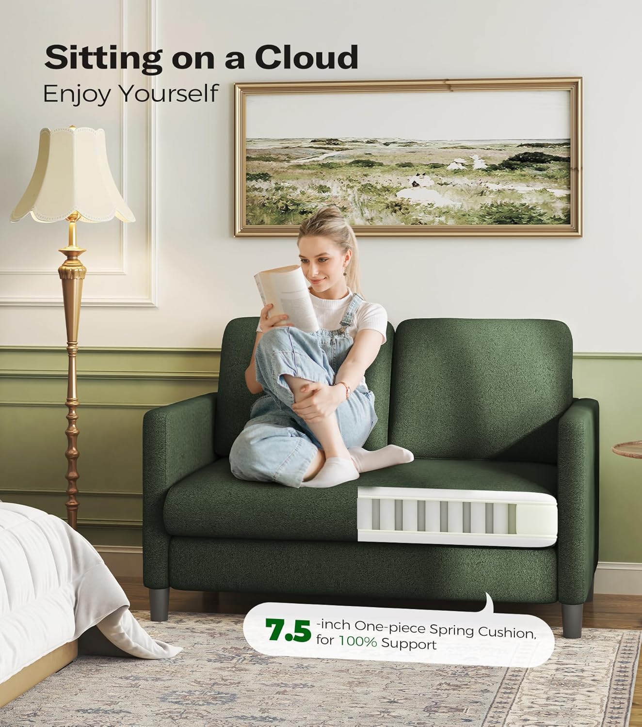 Welzona Loveseat, 51' Small Couch, Comfy Teddy Love Seat for Living Room, Tool-Free Setup Loveseat Sofa for Small Spaces, All-Wood Small Sofa Couch for Bedroom, Green