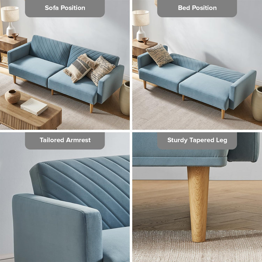 mopio 76.4' Futon Sofa Bed, Couch, Loveseat, Sleeper Sofa, Mid Century Modern Futon Couch, Sofa Cama, Couches for Living Room (Sky Blue Premium Velvet)