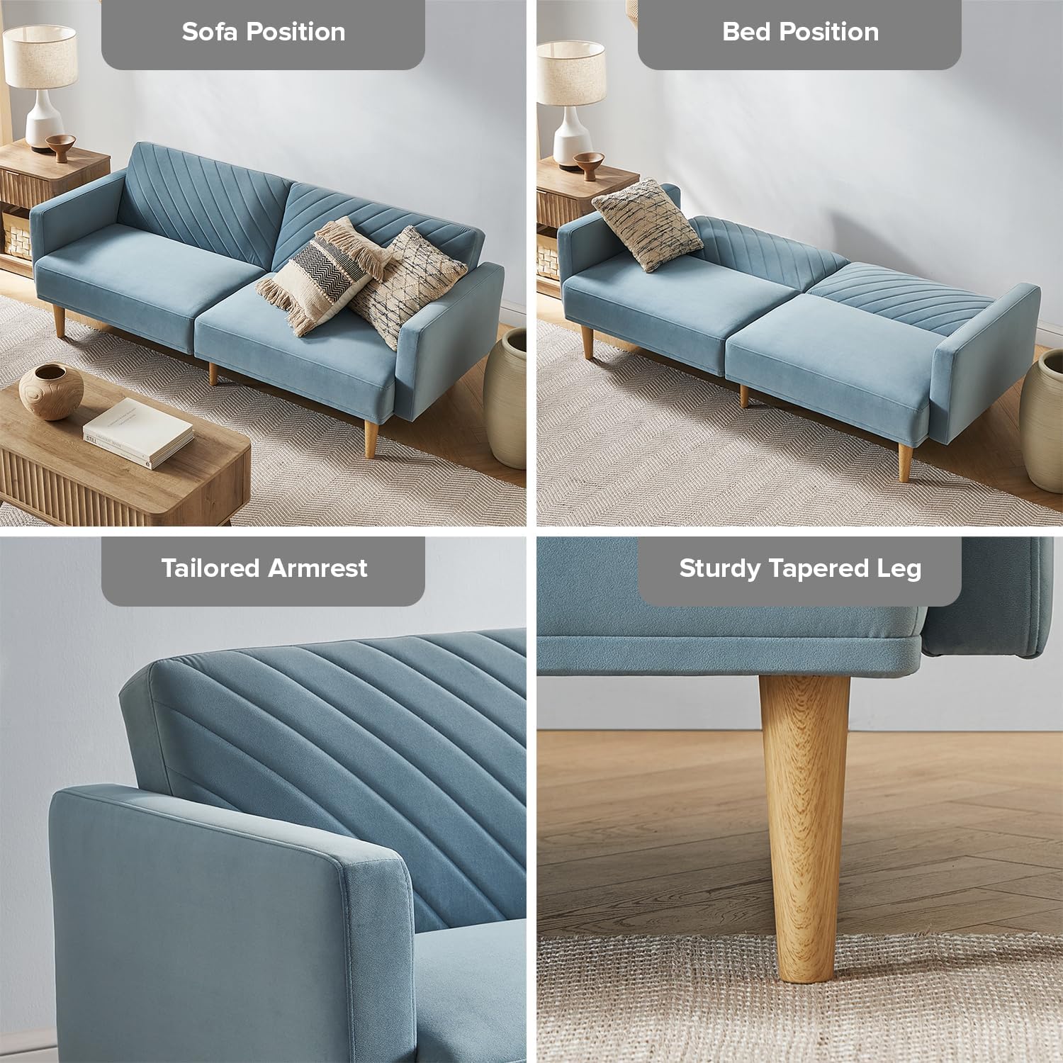 mopio 76.4' Futon Sofa Bed, Couch, Loveseat, Sleeper Sofa, Mid Century Modern Futon Couch, Sofa Cama, Couches for Living Room (Sky Blue Premium Velvet)