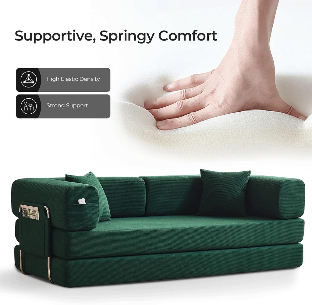 5-in-1 Folding Convertible Sofa Bed, Loveseat Sleeper with Pull-Out Bed, Floor Sofa Modular Futon Couch, 79' Oversized Corduroy Upholstered Boneless Couch for Living Room, Bedroom, Lounge, Green-A