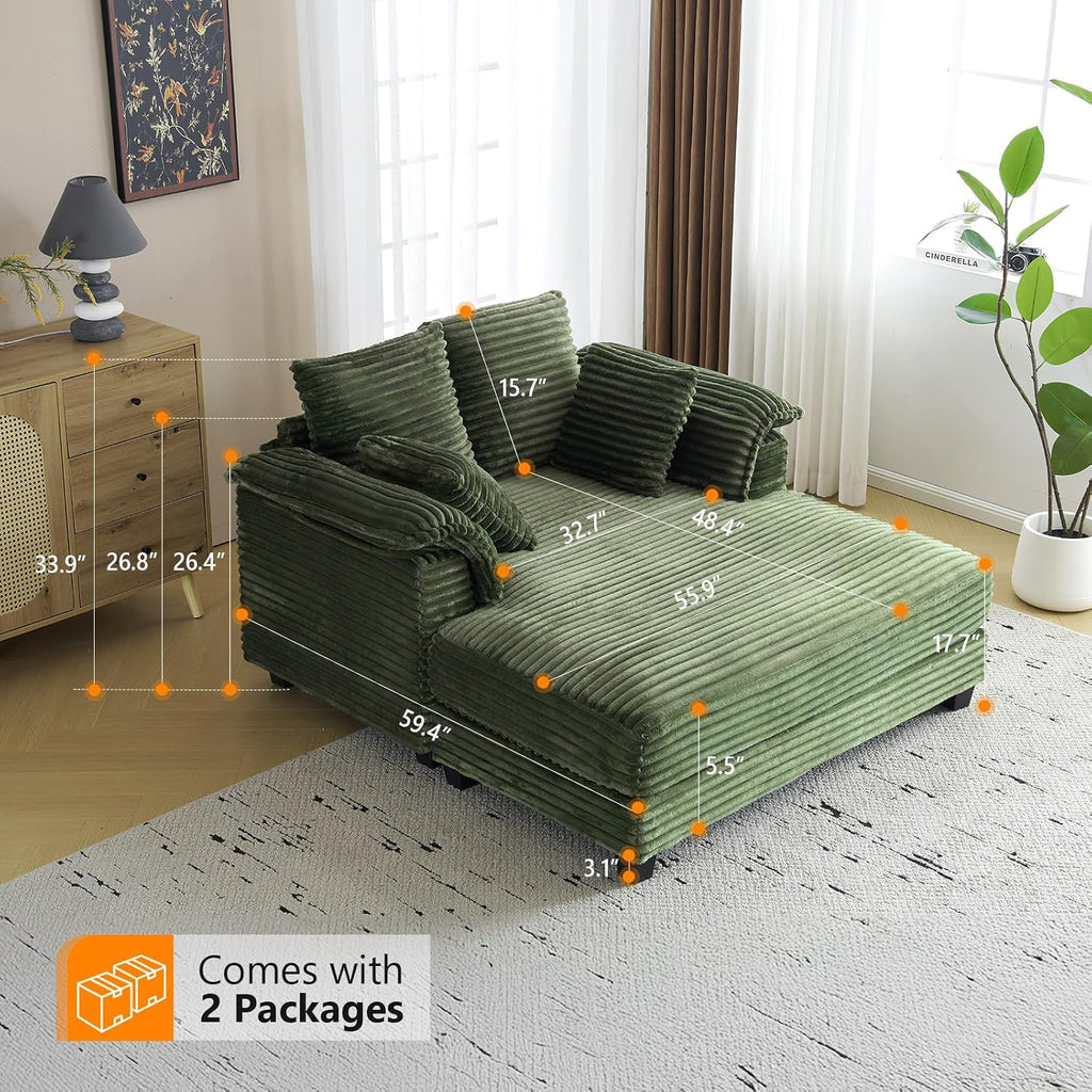 VINGLI Lounge Chair, 56' Oversized Reading Chair Corduroy Chaise Sofa Recliner Bed Upholstered Comfy Sleeper Couch with Throw Pillows and Armrests for Living Room, Movie Room, Bedroom