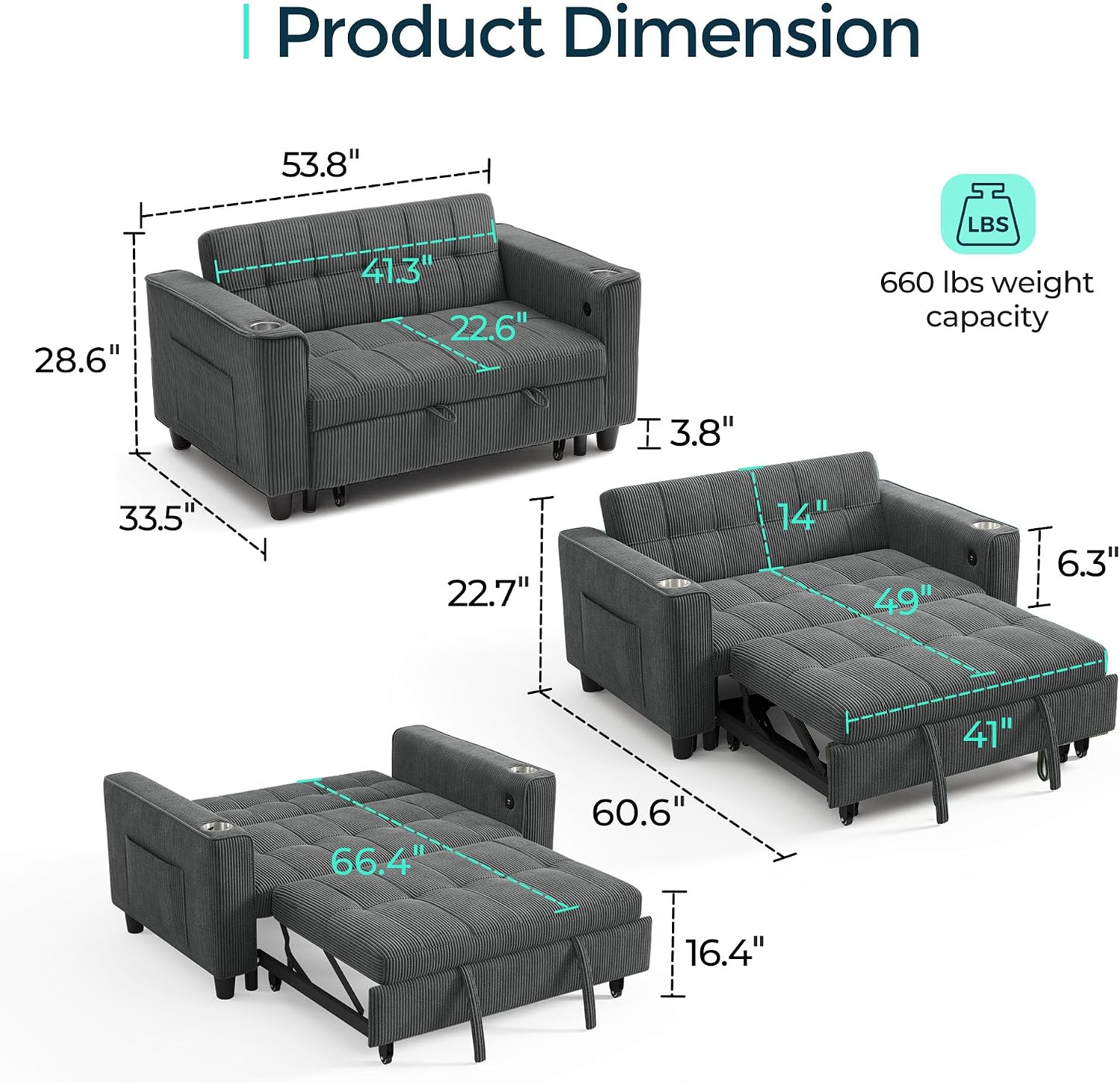 LINSY 54' Pull Out Couch with Charging Station - Sleeper Sofa Bed with Cup Holder, Small 3 in 1 Convertible Loveseat Sleeper Couch for Apartment, Dorm Room, Bedroom and Small Space, Dark Gray