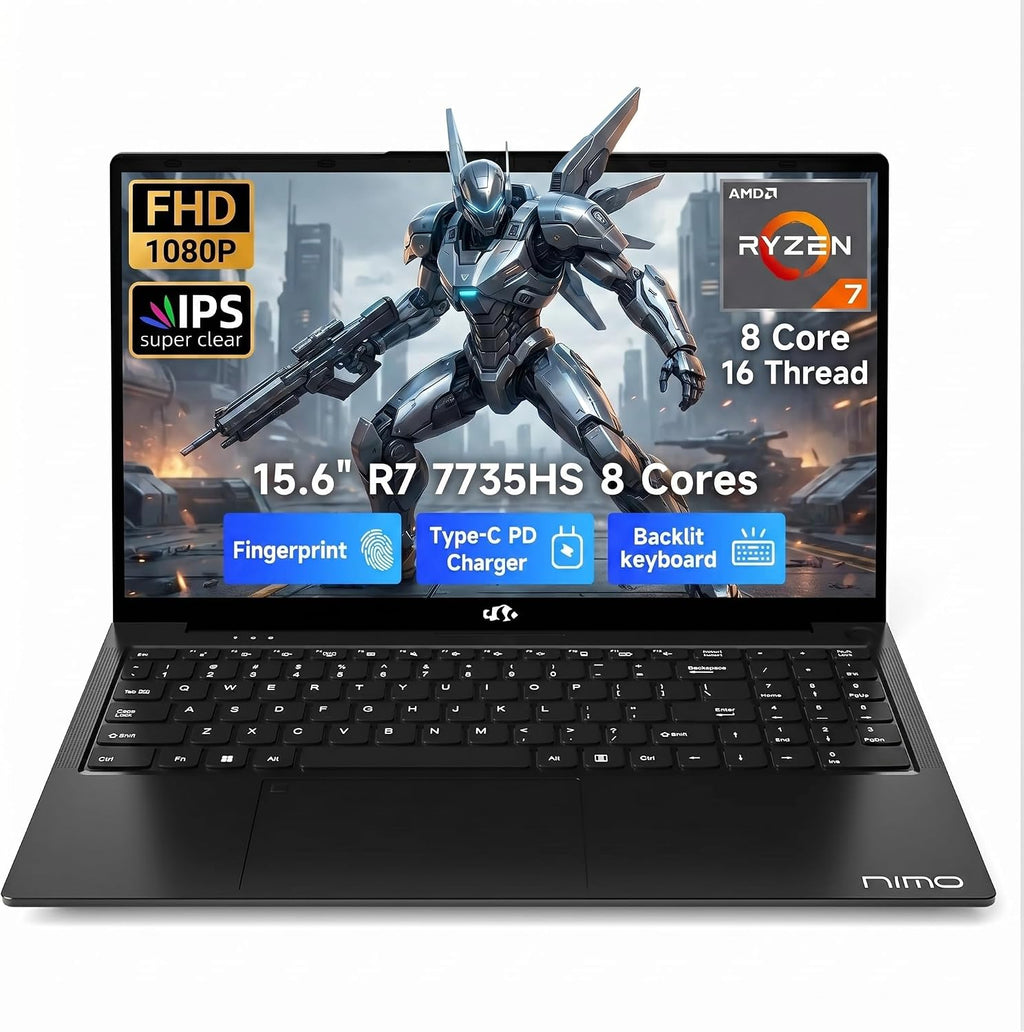 NIMO Gaming Laptop 15.6', AMD Ryzen 7 7735HS (Beat 4.75GHz), 16GB DDR5 RAM, 512GB PCIe 4.0 SSD, Windows 11 Home, 1080P FHD Display, Backlit Keyboard, 100W PD Fast Charge, 2X Full-Function USB-C