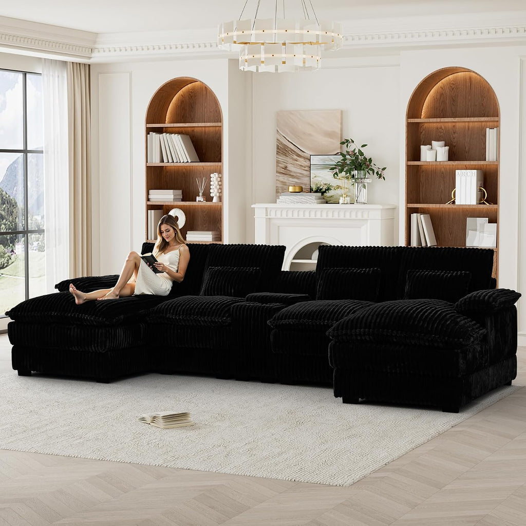 HYJT-H&K 124' U Shaped Cloud Couch Sectional, Comfy Fluffy Plush Corduroy Dark Black Sectional Couches for Living Room, Modern Modular Corduroy Couch Sectionals with Central Console & Double Chaise