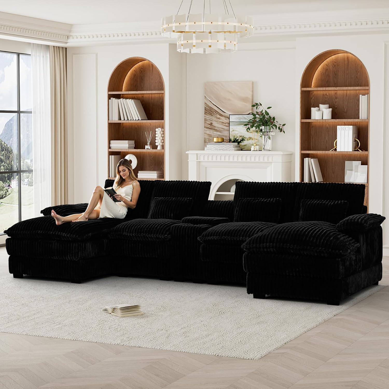 HYJT-H&K 124' U Shaped Cloud Couch Sectional, Comfy Fluffy Plush Corduroy Dark Black Sectional Couches for Living Room, Modern Modular Corduroy Couch Sectionals with Central Console & Double Chaise