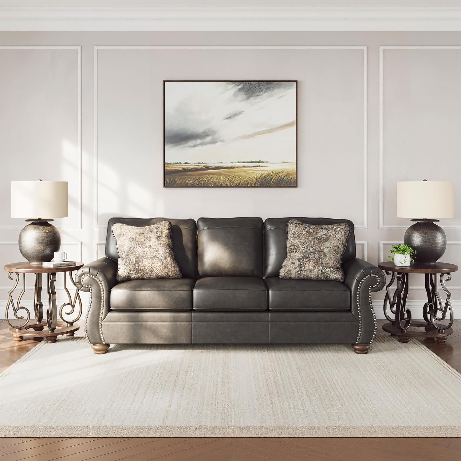 Signature Design by Ashley Shadsburne Rustic Faux Leather Sofa with Nailhead Trim and 2 Chenille Throw Pillows, Pillows with Soft Polyfill, Reinforced Frame for Added Stability, Black
