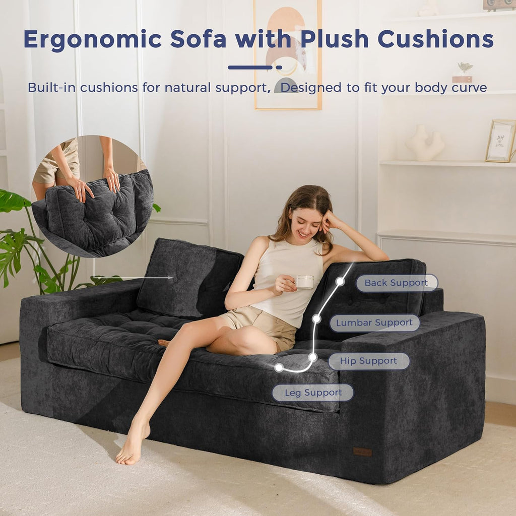 MAXYOYO Boneless Sofa Couch, 75' Oversized Loveseat Sofa, Tufted Floor Couch Bean Bag Chair for Living Room Bedroom Apartment, Sofa in a Box, No Assembly Needed, Black