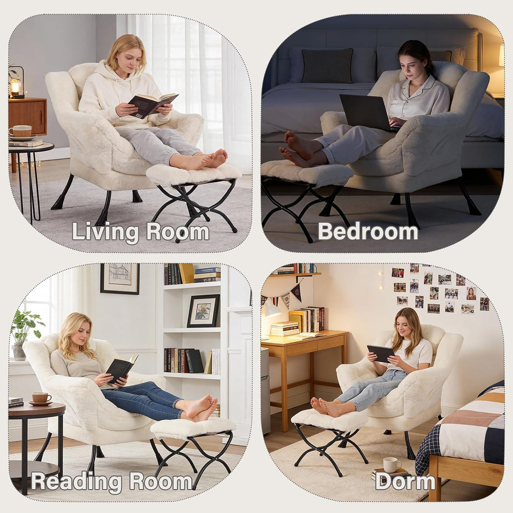 MBOOYOME Lazy Chair with Ottoman, Modern Accent Lounge Armchair with Side Pocket & Foldable Footstool, Leisure Reading Chair for Living Room, Bedroom, Dorm & Office, Plush Beige