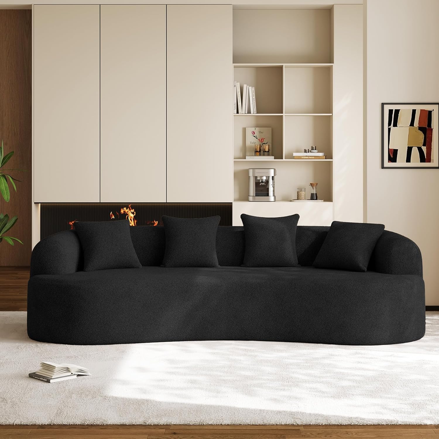 Oversized Sectional Sofa for Living Room, Modern Luxury Plush Chenille 4-Seater Extra Deep & Wide Seat Curved Cloud Couch with 4 Throw Pillows, No Assembly Needed, Black