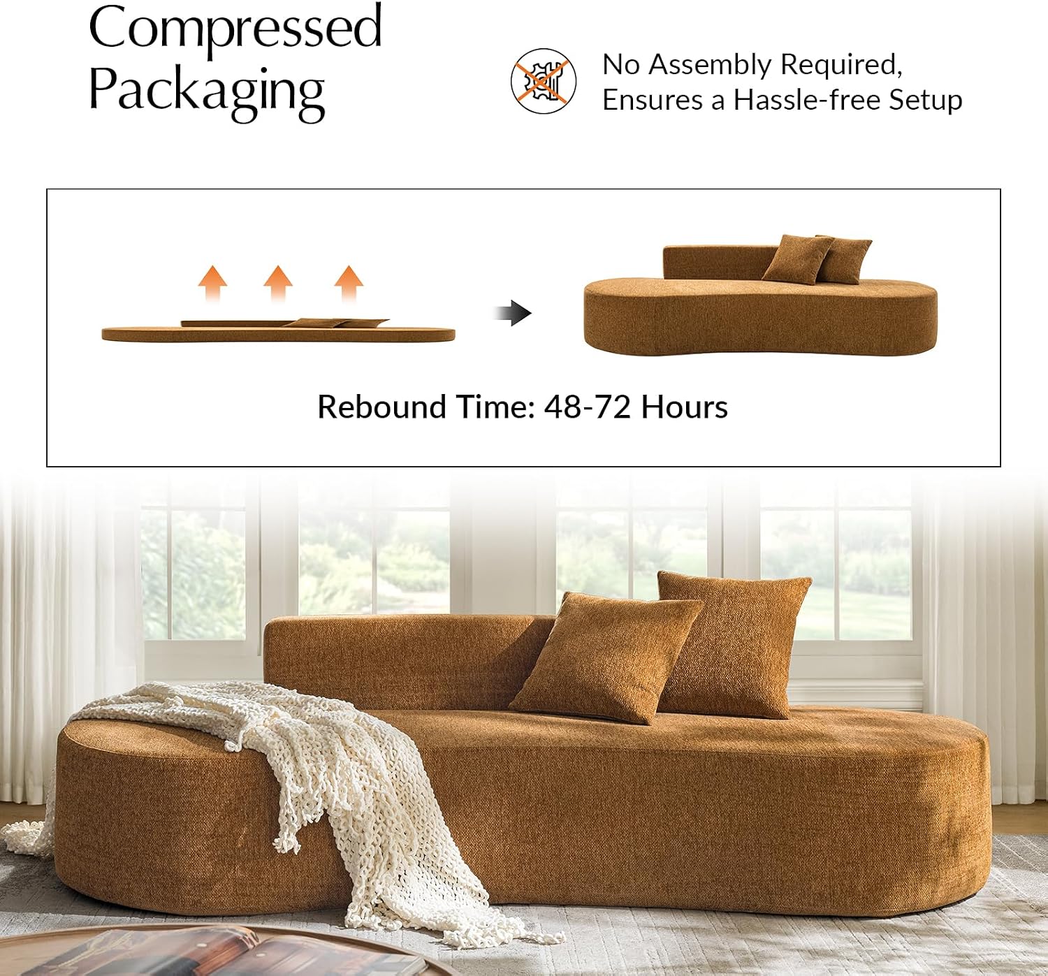 HULALA HOME 94.5' Curved Boneless Couch with Two Pillows, Oversized 3 Seater Compressed Foam Sofa with Deep Seat, Modern Cloud Couch for Living Room, No Assembly Required, Golden