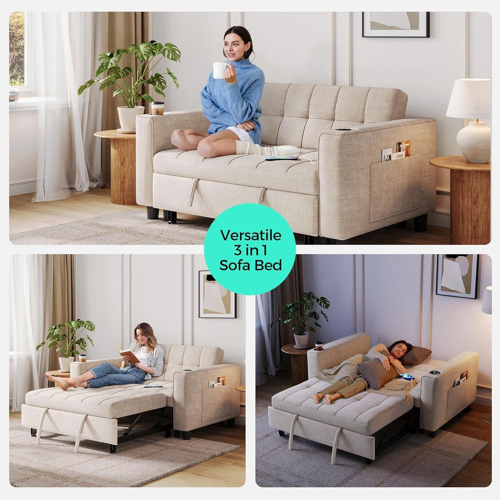LINSY Sleeper Sofa Bed, 54' Pull Out Couch with Charging Station & Cup Holder, Small 3 in 1 Convertible Loveseat Sleeper Couch for Apartment, Dorm Room, Bedroom and Small Space(Chenille Beige)