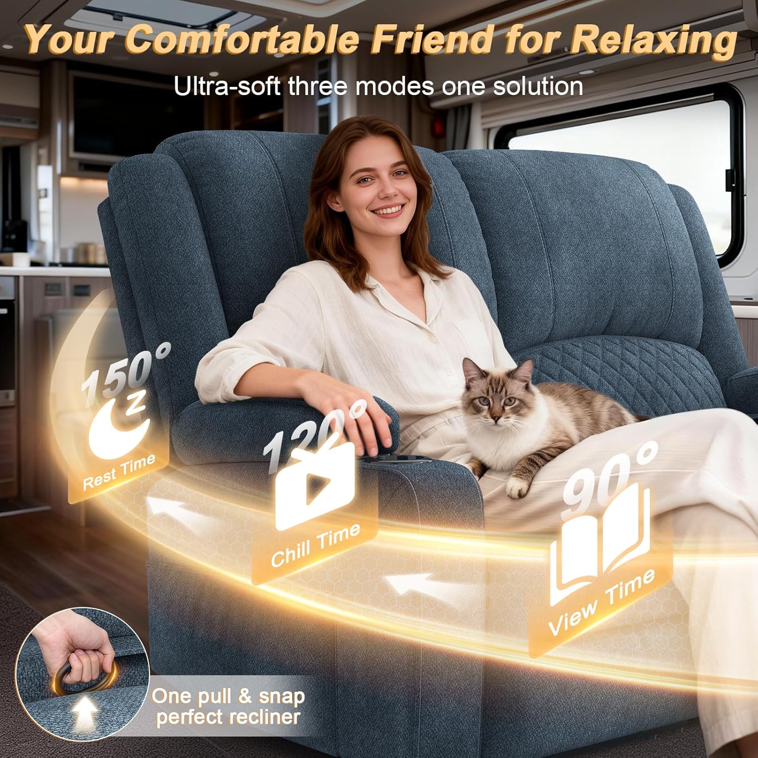 RV Loveseat Recliner Wall Hugger, Manual RV Reclining Loveseat with Removable Armrest, 3X Adjustable Theater Wall Hugger Loveseat Recliners with USB Ports, Cup Holders, Multi-Storage (Fabric,Blue)