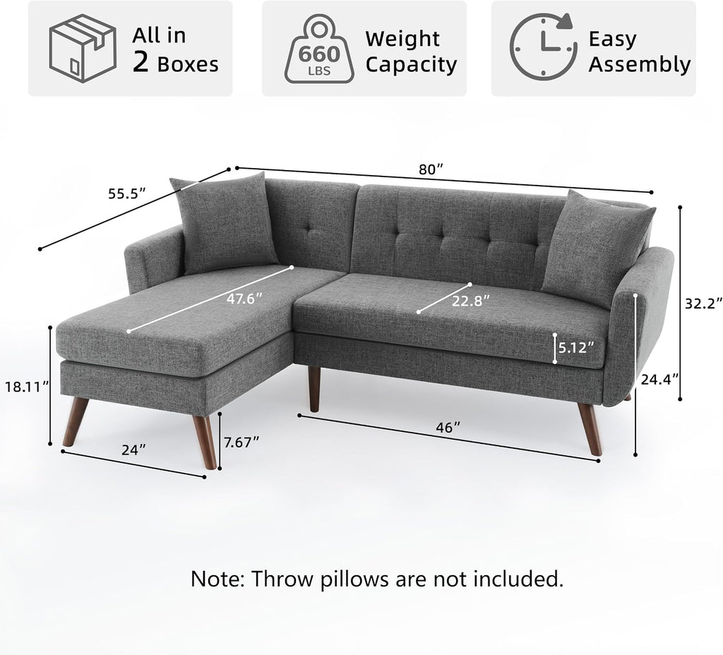 Tbfit L Shaped Couch Sofa, 80' W Mid-Century Modern Sectional Couches, 3 Seater Sofas with Wide Chaise Lounge, Button Tufted Upholstered Sectional Sofa for Living Room, Bedroom, Gray