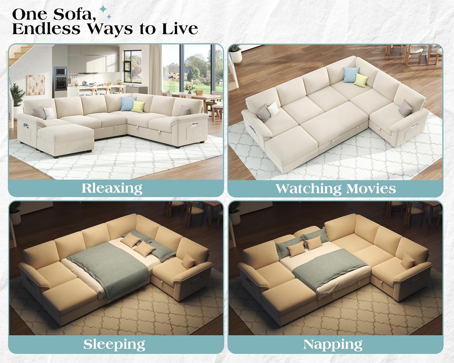 Jocisland 105' Sofa Bed, Sectional Sleeper Sofa with Pull Out Bed/Reclining Backrest, Sleeper Couch Bed with Storage, 6 Seater Couch Bed for Living Room, Chenille Beige