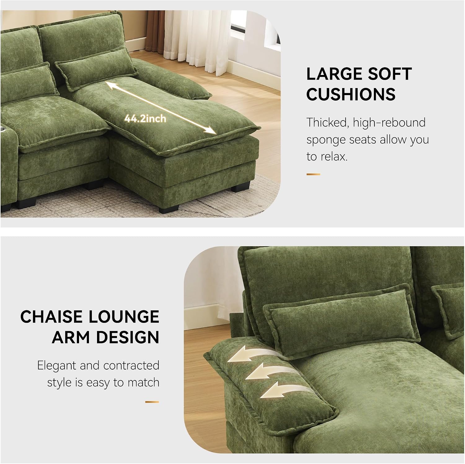 125'' U Shaped Cloud Modular Sofa with Chaise Lounges, Chenille Upholstered Comfy Sectional Couch with Storage Console, USB Charging Ports & Cup Holders, Small Deep Seat Sofa for Living Room, Green