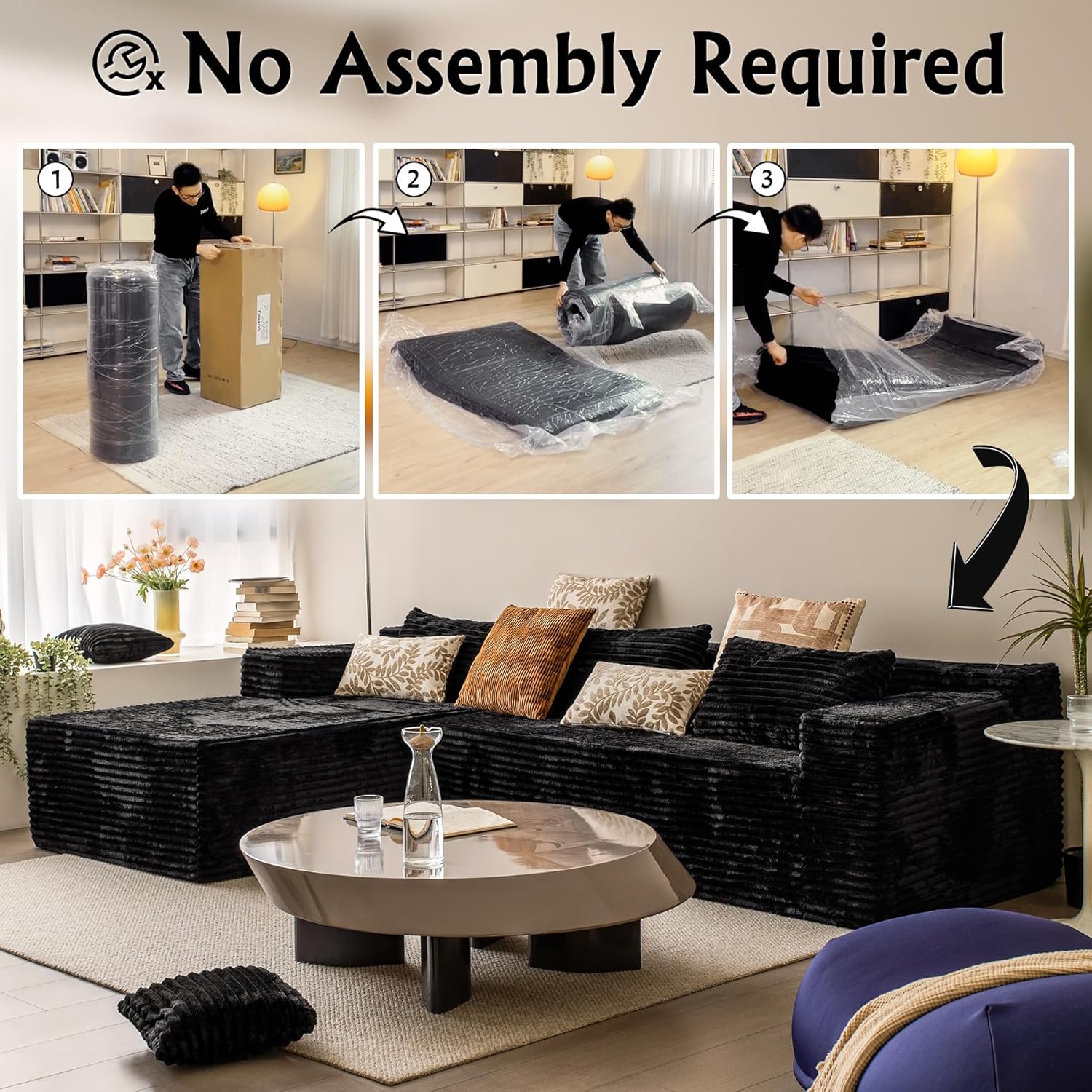 104' Cloud Sectional Couch with L-Shape Chaise， Modern Modular Sofa, Deep Seat Comfort, No Assembly Required(Plush Corduroy Fabric)