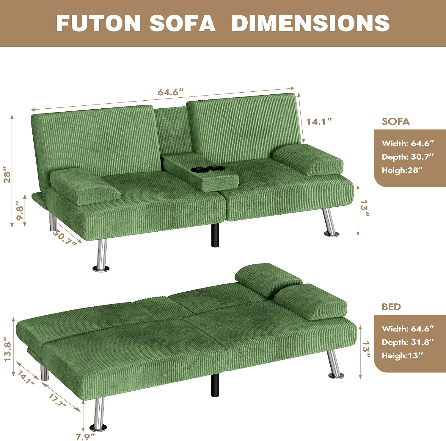 Homall Futon Sofa Bed, Futon Couch with Removable Armrests, Adjustable Recliner Sleeper Sofa Bed with Dual Cup Holders for Living Room, Apartment, Office (Corduroy, Green)