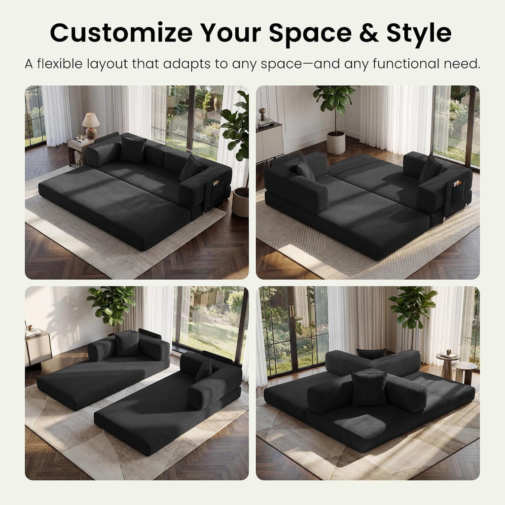 78.8' Convertible Sofa Bed,Corduroy Futon Couch with Storage Pocket,Folding Pull Out Futon Sofa, No Assembly Boneless Couch for Living Room,Black