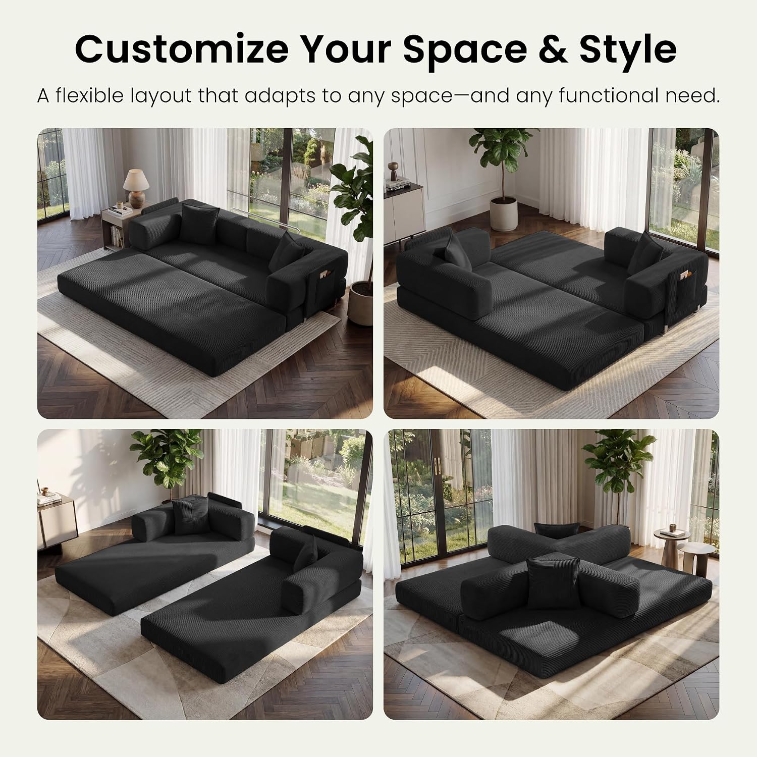 78.8' Convertible Sofa Bed,Corduroy Futon Couch with Storage Pocket,Folding Pull Out Futon Sofa, No Assembly Boneless Couch for Living Room,Black