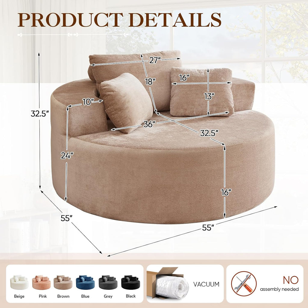 Antetek Oversized Round Chaise Longue Chair Indoor, Modern 55-inch Upholstered Terry Fabric Deep Seat Circle Single Cloud Floor Accent Chair for Living Room,Bedroom,Apartment, Camel