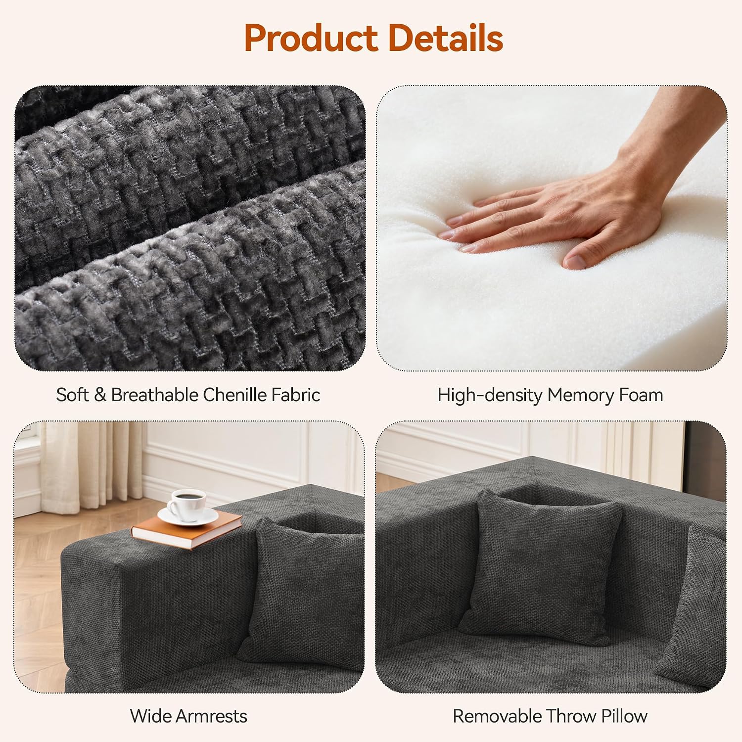 MONVANE 103'' Modular Sectional Sofa, Comfy Chenille Cloud Couch with Ottoman, Modern Convertible L Shaped Couch with Deep Seat, Sectional Couches for Living Room, Bedroom and Apartment, Grey