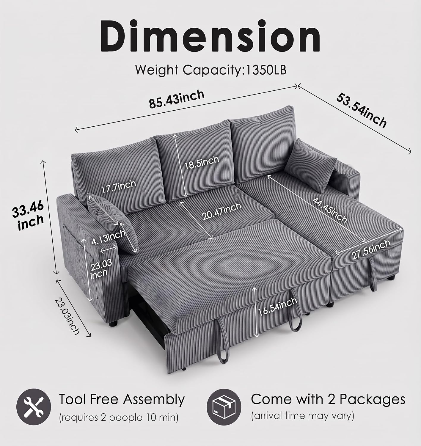 86in Reversible Sectional Sofa Couch, Sleeper Sofa Bed with Storage Chaise Pull Out Couch for Living Room (Ashgrey)