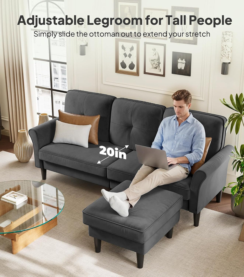 Welzona Sofas for Living Room, 83' Velvet Sectional Couch with Moveable Ottoman, Midcentury Modern Small Sectional Couch, L Shape Sofa & 2 Seater, Couches for Living Room, Apartment, Bedroom