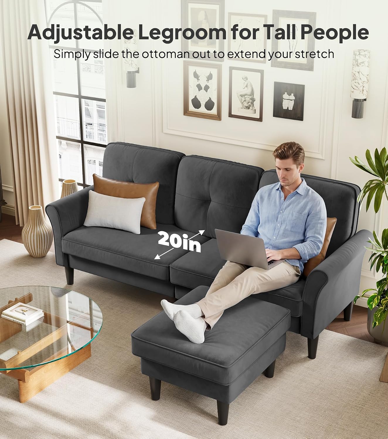 Welzona Sofas for Living Room, 83' Velvet Sectional Couch with Moveable Ottoman, Midcentury Modern Small Sectional Couch, L Shape Sofa & 2 Seater, Couches for Living Room, Apartment, Bedroom