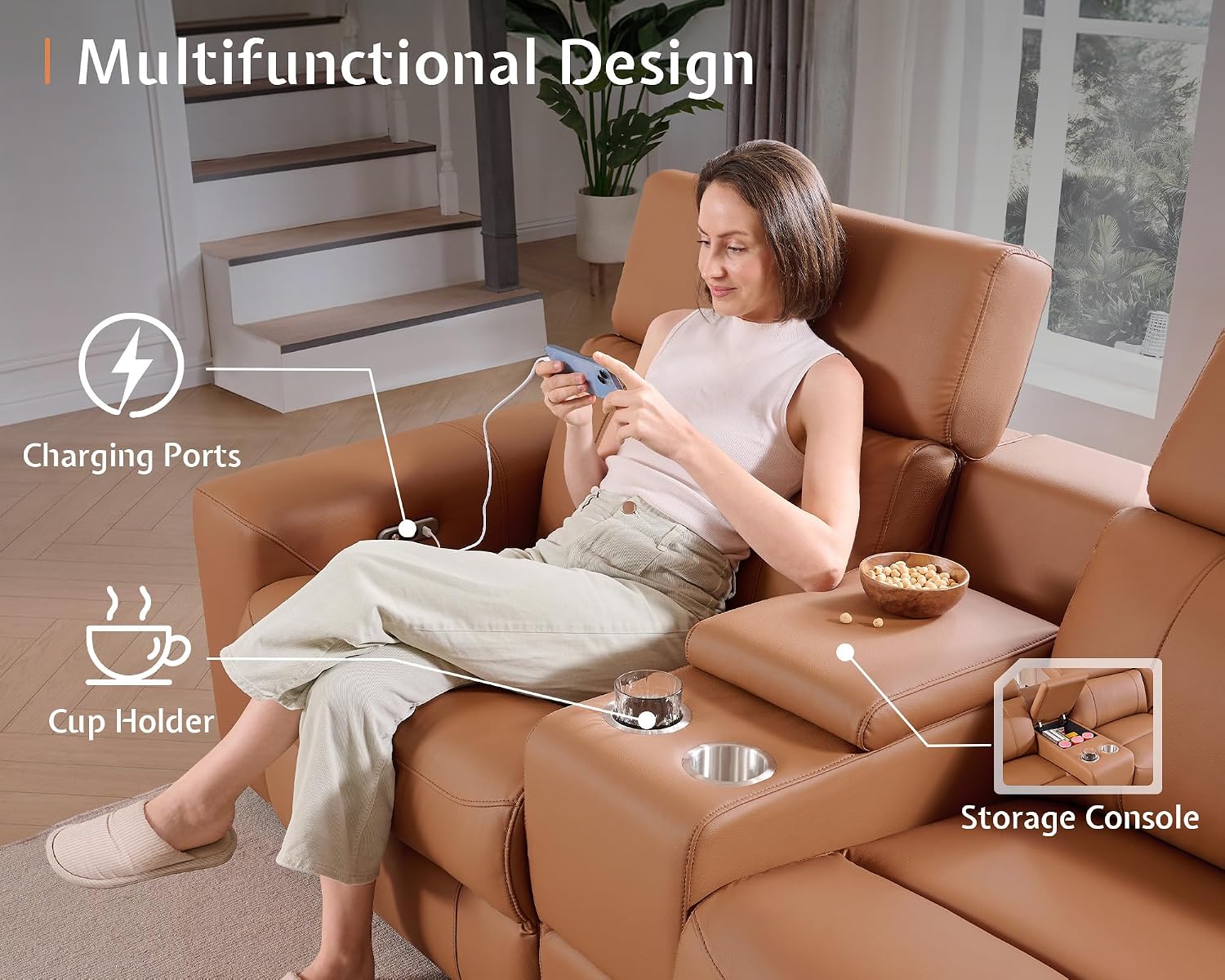 AMERLIFE Power Recliner Sectional Sofa with Storage/USB Port, Leather Recliner Sofa with Adjustable Headrest, Reclining Sectional Couches with Console and Cup Holder for Living Room (Brown, 5-Seater)