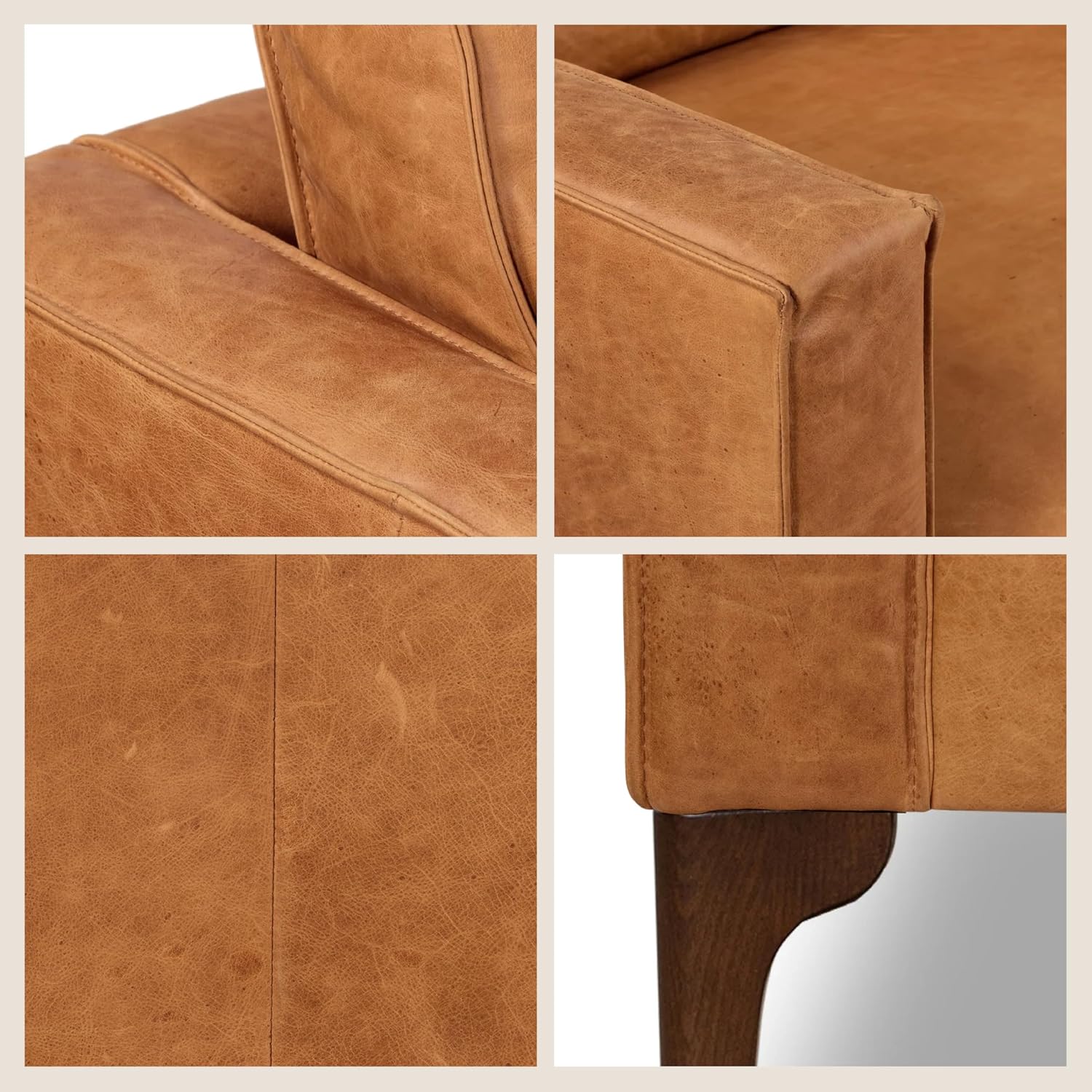 Poly & BARK Mateo 82' Sofa – Cognac Tan Full-Grain Pure-Aniline Italian Leather, Feather-Down Cushions, Solid Wood Frame & Walnut Legs