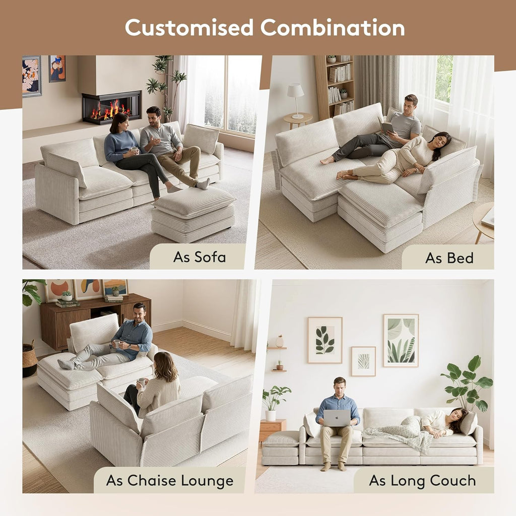 GRUSIGN 104' Modern Modular Sectional Sofa for Living Room, 4-Seat Deep Seat Couch with Movable Ottoman, L-Shaped Corduroy Sofa in Beige for Living Room, Cloud Couch Sectional Set for Bedroom