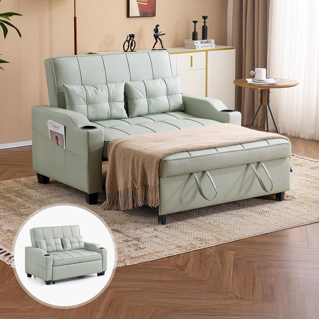 VINGLI Green Futon Sofa Bed Convertible Loveseat Sleeper Couch, Faux Leather Pullout Sofa Fold Out Couch Bed with USB Ports, Cup Holders, Armrest for Living Room, Bedroom Apartment Room