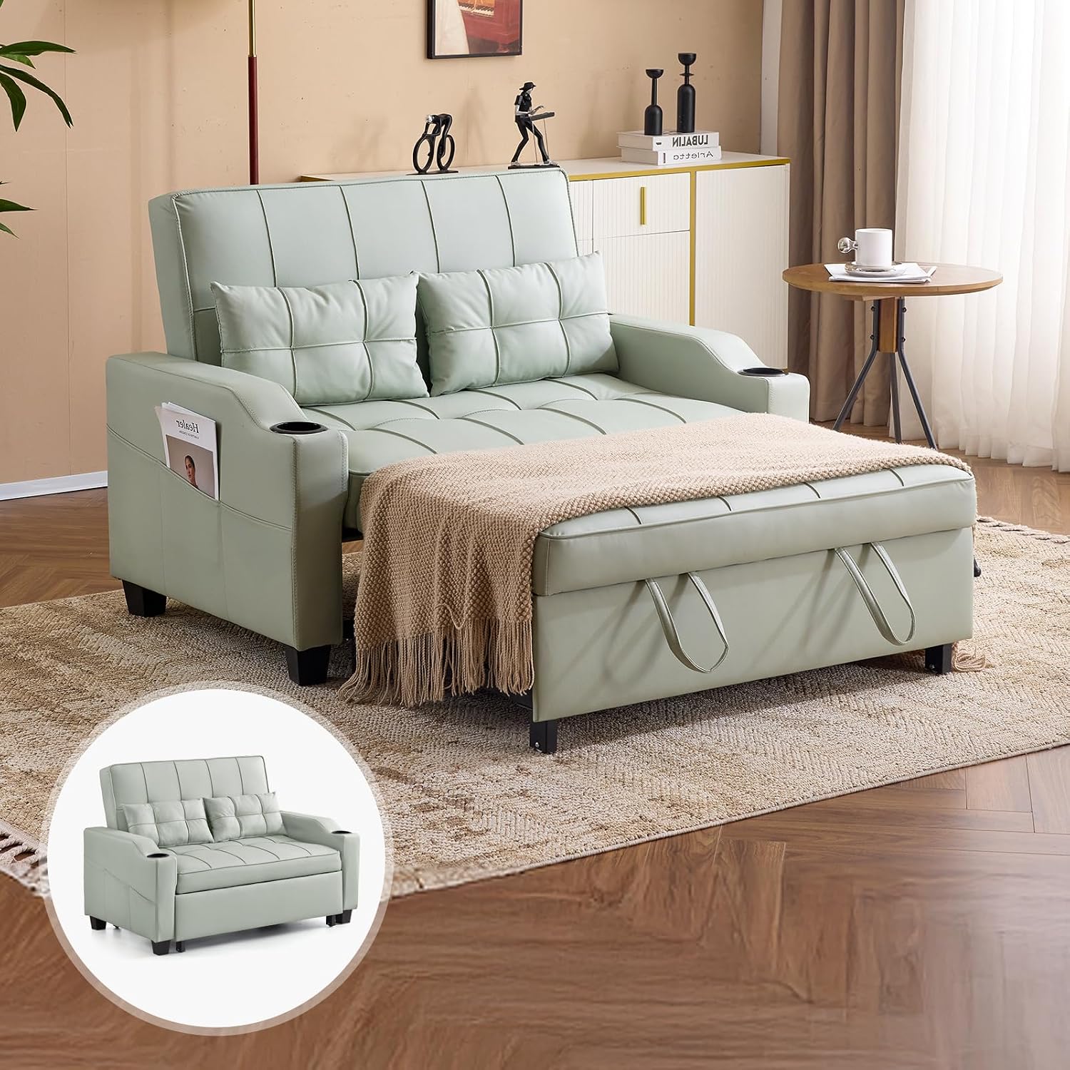 VINGLI Green Futon Sofa Bed Convertible Loveseat Sleeper Couch, Faux Leather Pullout Sofa Fold Out Couch Bed with USB Ports, Cup Holders, Armrest for Living Room, Bedroom Apartment Room