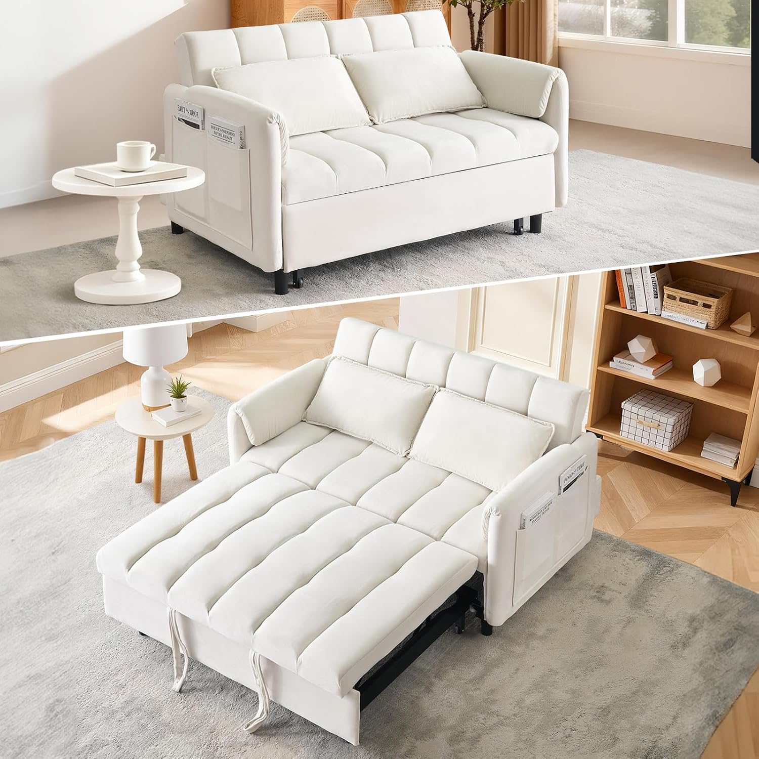 CAPCAEK 3 in 1 Convertible Sleeper Sofa Bed, Modern Velvet Loveseat Pull-Out Couch w/Pullout Bed, Small Love Seat Lounge Sofa w/Reclining Backrest,Toss Pillows, Pockets, for Living Room
